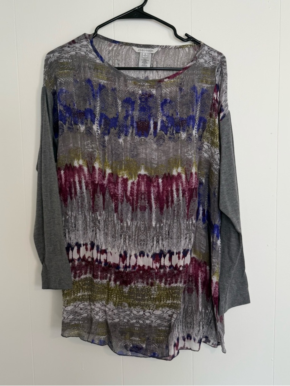 John Mark Abstract Print Overlay Top Gray Purple Blue Layered | Size S